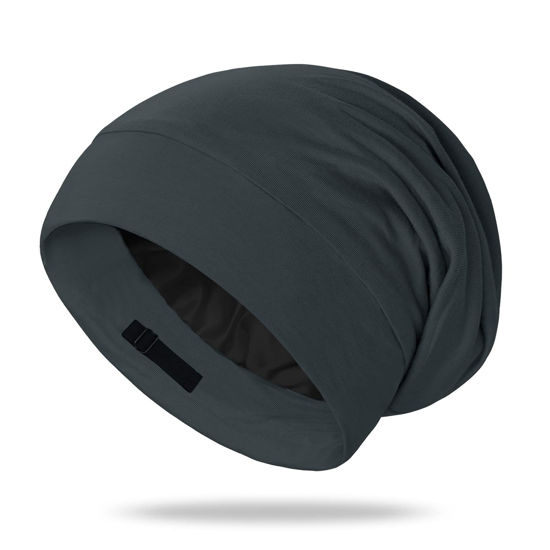 Picture of OLESILK 100% Mulberry Silk Bonnet for Sleeping Women, Silk Hair Wrap for Sleeping, Silk Sleep Bonnet for Women&Men, Real Silk, Not Satin, Dark Grey