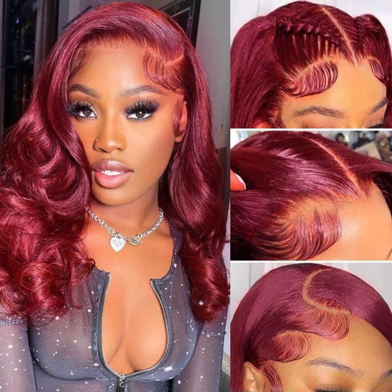 Picture of 99J Burgundy Bob Wig Human Hair 13x4 Frontal Lace Wig 16 Inch Body Wave HD Lace Front Wigs Human Hair Pre Plucked Glueless Wine Red Bob Wigs for Women Human Hair (99J Burgundy, 16 Inch)