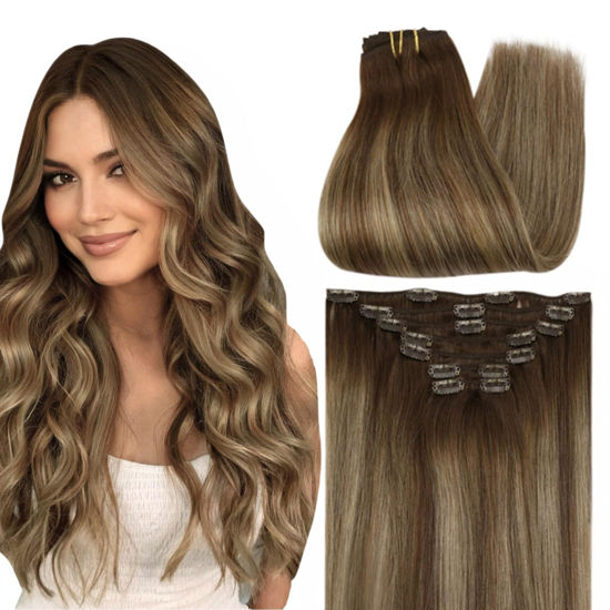 Picture of Full Shine Human Hair Clip in Extensions Brown Hair Clip ins 18 Inch Medium Brown Root to Brown Mix Honey Blonde Invisible Hair Extensions Real Human Hair 7Pcs for Women