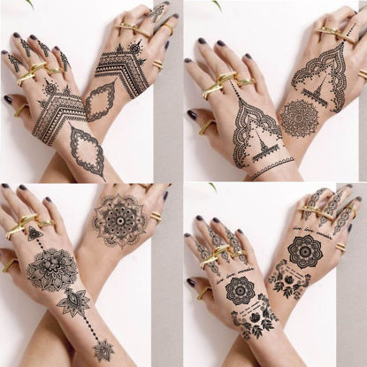Picture of Vintage India Sexy Hands Temporary Tattoos For Women Finger Girls Adults, 4 Sheets Bohemia Lace Black Lotus Mandala Flower Fake Jewels Tattoo Sticker Kits Stencils, Party Favor Supplies Decoration