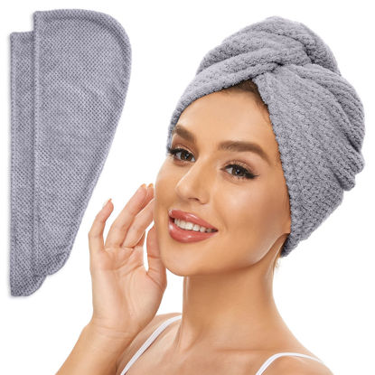 Picture of SimpleField 2 Pack Microfiber Hair Towel Wrap for Women, Anti Frizz Quick Drying Hair Turban for All Hair Style, Absorbent and Lightweight (Grey)