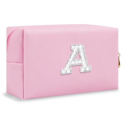 Picture of Personalized Birthday Gifts Initial Letter Makeup Bag for Women,Pearl Rhinestone Patch Cosmetic Bag Toiletry Bag,Pink Cute Preppy Pencil Pouch,Monogram Christmas Gift for Teen Girls Mom Friend Wife,A