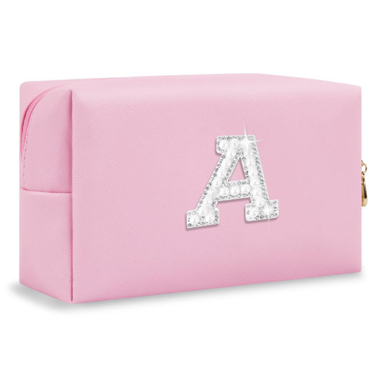 Picture of Personalized Birthday Gifts Initial Letter Makeup Bag for Women,Pearl Rhinestone Patch Cosmetic Bag Toiletry Bag,Pink Cute Preppy Pencil Pouch,Monogram Christmas Gift for Teen Girls Mom Friend Wife,A