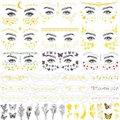 Picture of JEEFONNA 60 Sheets Face Temporary Tattoos, Metallic Fake Tattoos for Women, Men, Kids, Waterproof, Festival, Cosplay, Halloween
