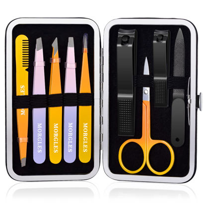 Picture of MORGLES Tweezers Set, Professional Nail Clippers and Tweezer Kit for Women and Men with Leather Travel Case, 9 Pack