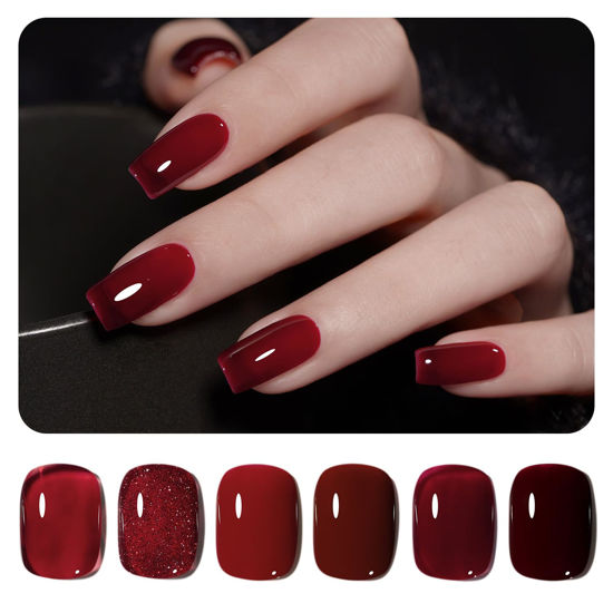 Picture of GAOY Red Gel Nail Polish Set, 6 Colors Burgundy Cherry Dark Red Jelly Glitter Soak Off UV Light Cure Gel Polish Kit for Salon and Nail Art DIY at Home