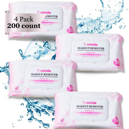Picture of mivida Hypoallergenic Makeup Remover Wipes with Vitamin E | 4x50 count Total 200 bulk make up removing Wipes | Fragrance Free makeup wipes