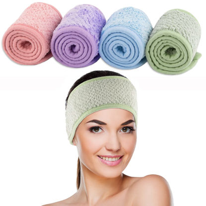 Picture of Whaline 4Pcs Spa Facial Headband Super Absorption Makeup Hair Wrap Adjustable Coral Fleece Hair Band Soft Towel Head Band for Face Washing Shower Sports