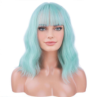 Picture of BERON 14 Inches Mint Green Wig Short Curly Wig with Bangs Green Wig Women Girl's Charming Wig Mint Green Wig Synthetic Wig with Wig Cap
