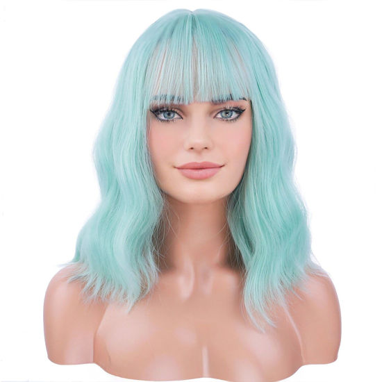 Picture of BERON 14 Inches Mint Green Wig Short Curly Wig with Bangs Green Wig Women Girl's Charming Wig Mint Green Wig Synthetic Wig with Wig Cap