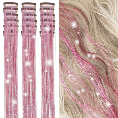 Picture of ZYXQZYX Hair Tinsel Kit Pack of 18 Pcs Hair Tinsel Clip in 19.6Inch Glitter Tinsel Hair Extensions Heat Resistant Clip in Hair Tinsel Sparkle Fairy Hair Accessories for Kids Girls Women (Pink)
