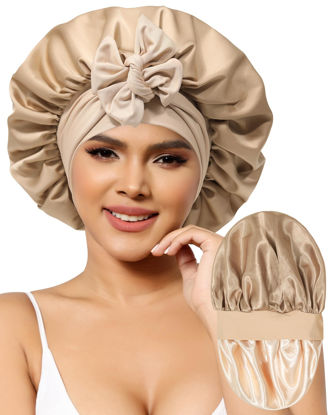 Picture of Satin Bonnet for Women Silk Bonnets for Sleeping Curly Hair Bonnet with Elastic Tie Band Reversible Double Layer Sleep Cap Hair Wrap (Brown + Champagne)