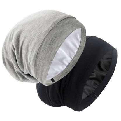 Picture of SilkySatin Lined Bonnet Sleep Cap - Adjustable Stay on All Night Hair Wrap Cover Slouchy Beanie for Curly Hair Protection for Women and Men - Black & Light Grey