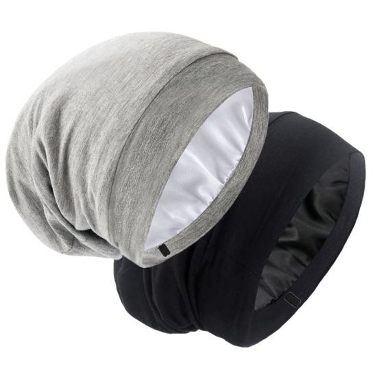 Picture of SilkySatin Lined Bonnet Sleep Cap - Adjustable Stay on All Night Hair Wrap Cover Slouchy Beanie for Curly Hair Protection for Women and Men - Black & Light Grey