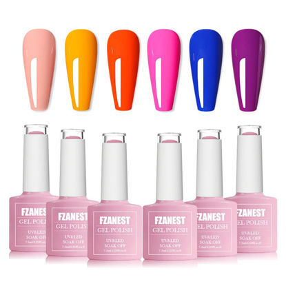 Picture of FZANEST Gel Nail Polish Set, 6pcs Neon Holiday Color Gel Polish KIT With Hot Pink Navy Blue Violets Orange Nude Manicure and Pedicure Nail DIY Salon (Set 4)