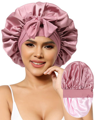 Picture of Satin Bonnet for Women Silk Bonnets for Sleeping Curly Hair Bonnet with Elastic Tie Band Reversible Double Layer Sleep Cap Hair Wrap (Bean Paste + Pink)