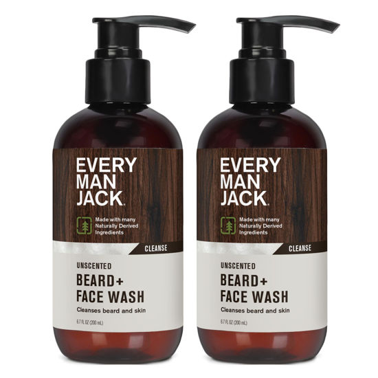 Picture of Every Man Jack Unscented Beard + Face Wash - Fragrance Free for Sensitive Skin - Naturally Cleanse and Condition Your Beard and Skin - 6.7-ounce (2 pack)