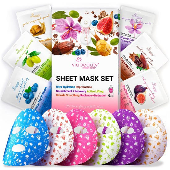 Picture of VIABEAUTY 6 Pack of Sheet Face Masks Skincare - Collagen Face Mask Sheets with Hyaluronic Acid, Vitamin C, Snail Mucin - Facial Sheet Mask for Hydrating, Moisturizing, Rejuvenating