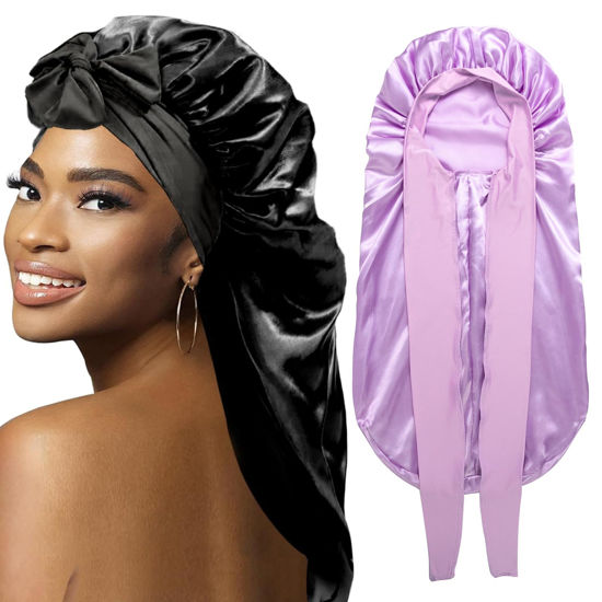 Picture of 2Pcs Bonnets for Black Women Braid Bonnet, Large Long Satin Bonnet for Braids, Silk Bonnet with Stretchy Tie Band Sleep Cap Hair (2Pcs-Black&Purple)