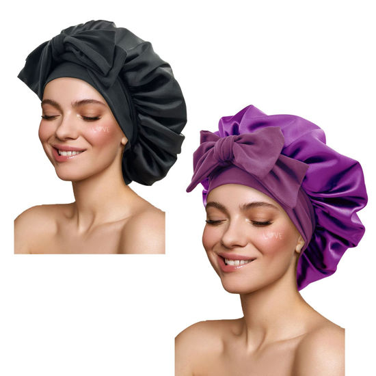 Picture of Satin Silk Hair Bonnets for Sleeping Large Bonnets with Tie Band Hair Wrap with Adjustable Straps Hair Cap Night Sleep Caps for Women Curly Braid Hair(Black,Purple)