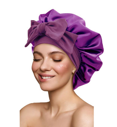 Picture of Satin Bonnet Silk Bonnet Hair Bonnet for Sleeping Large Bonnets with Tie Band Hair Wrap with Adjustable Straps Hair Cap Night Sleep Caps for Women Curly Braid Hair Purple