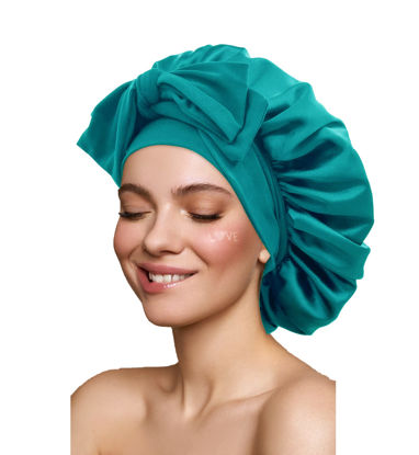 Picture of Satin Bonnet Silk Bonnet Hair Bonnet for Sleeping Large Bonnets with Tie Band Hair Wrap with Adjustable Straps Hair Cap Night Sleep Caps for Women Curly Braid Hair Dark Turquoise