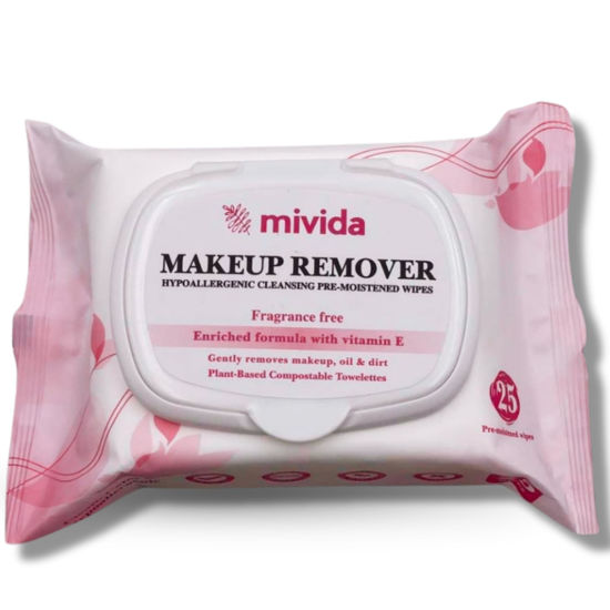 Picture of mivida Hypoallergenic Makeup Remover Wipes | Dermatologist-Tested, Biodegradable, Fragrance-Free with Vitamin E | Gentle on Sensitive Skin, 25 Count