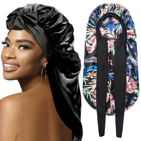 Picture of 2Pcs Bonnets for Black Women Braid Bonnet, Large Long Satin Bonnet for Braids, Silk Bonnet with Stretchy Tie Band Sleep Cap Hair (2Pcs-Black&Black Pattern)