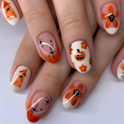 Picture of Halloween Press on Nails Short Round Fake Nails with Pumpkin Ghost & Flower Designs Glossy Glue on Nails Orange French Tip Acrylic Nails White Full Cover Artificial Stick on Nails for Women 24Pcs