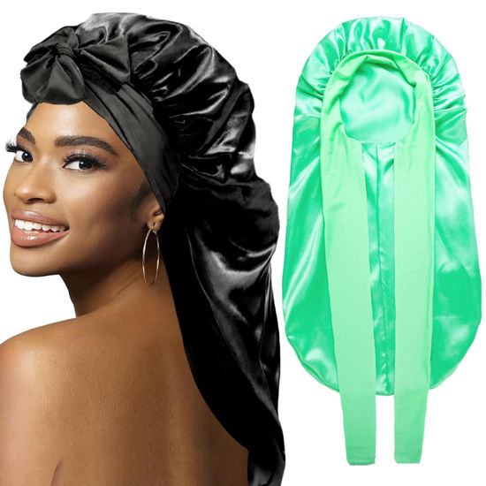 Picture of 2Pcs Bonnets for Black Women Braid Bonnet, Large Long Satin Bonnet for Braids, Silk Bonnet with Stretchy Tie Band Sleep Cap Hair (2Pcs-Black&Green)