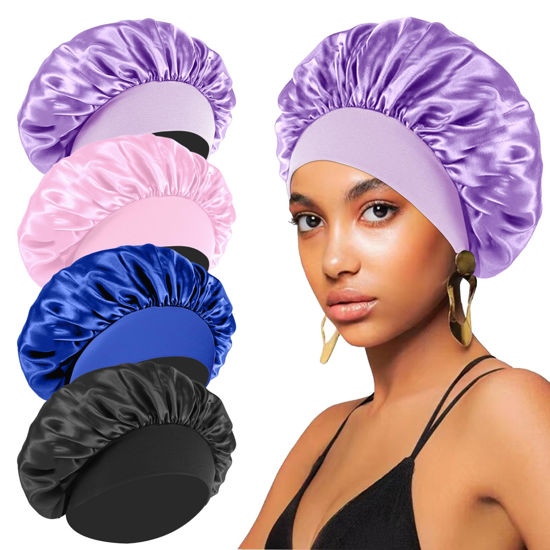 Picture of 4PCS Silk Bonnet for Sleeping - Hair Satin Bonnets for Black Women Men,Hair Wrap Cap for Curly Hair,Elastic Wide Band Hair Bonnet Shower Cap for Sleeping (Black & Sapphire Blue & Pink & Purple)