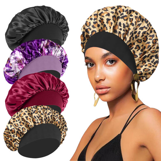 Picture of 4PCS Silk Hair Bonnet for Sleeping,Hair Wrap Satin Bonnets Shower Cap for Black Women Men, Elastic Wide Band Hair Bonnet Cap for Sleeping Curly Hair(Black & Wine Red & Purple Print & Leopard Pattern)