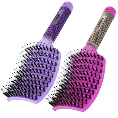 Picture of TaiBest Boar Bristle Hair Brush Set - Dry/Wet Hair Brush Detangler for Fine, Thick, Curly Hair - Curved and Vented Hair Brush for Women, Men or Kids (Purple & Rose Red)