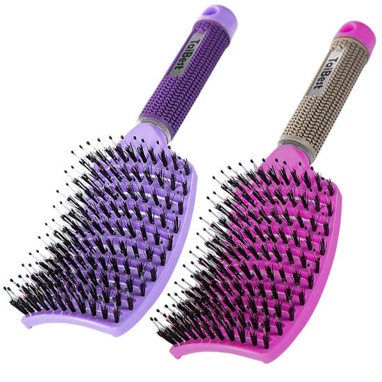 Picture of TaiBest Boar Bristle Hair Brush Set - Dry/Wet Hair Brush Detangler for Fine, Thick, Curly Hair - Curved and Vented Hair Brush for Women, Men or Kids (Purple & Rose Red)