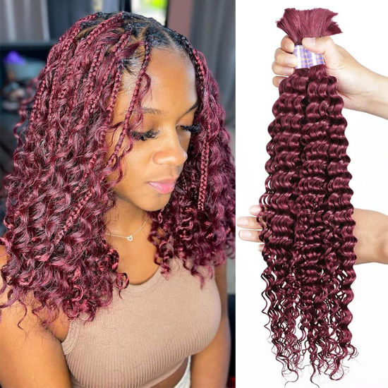 Picture of Human Braiding Hair 2 Bundles/Pack 100g Burgundy 99J Curly Deep Wave Human Bulk Hair for Braiding No Weft 10A Brazilian Virgin Human braiding Hair 99J (Burgundy 99J, 14 inch/100g)