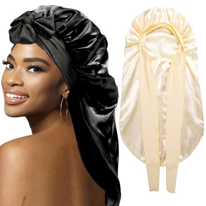 Picture of 2Pcs Bonnets for Black Women Braid Bonnet, Large Long Satin Bonnet for Braids, Silk Bonnet with Stretchy Tie Band Sleep Cap Hair (2Pcs-Black&Gold)