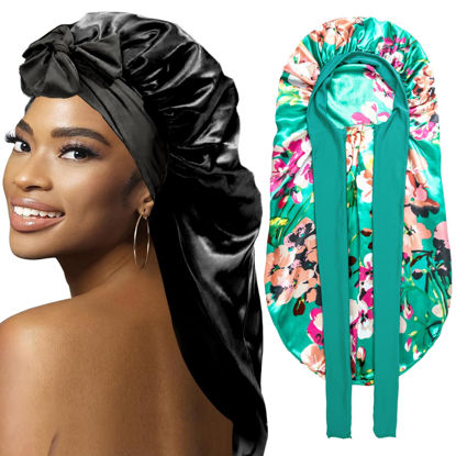 Picture of 2Pcs Bonnets for Black Women Braid Bonnet, Large Long Satin Bonnet for Braids, Silk Bonnet with Stretchy Tie Band Sleep Cap Hair (2Pcs-Black&Printing Flower)