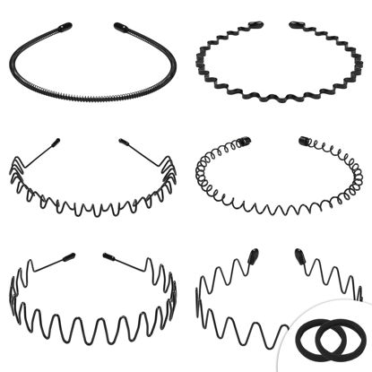 Picture of WantGor Metal Headbands, 6 Packs Fashion Unisex Black Hairband Spring Wave Non Slip Sports Headwear Hair Hoop Hair Accessories (8 Pack)