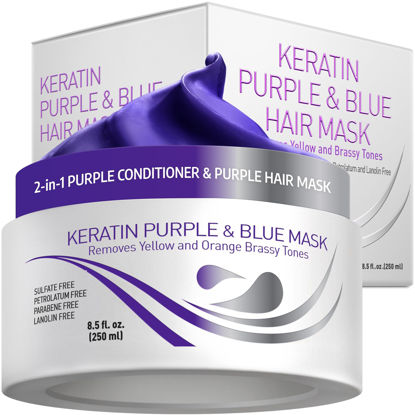 Picture of Vitamins Keratin Purple Hair Mask - Violet Blue Protein Deep Conditioner Treatment - Toner for Blonde Platinum Silver Gray Ash or Brown Colored Dry and Damaged Brassy Hair