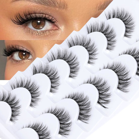 Picture of JIMIRE Lashes with Clear Band Demi-Wispies Fluffy Faux Mink Eyelashes Wispy Cat-Eye False Eyelashes Natural Look 7 Pairs Pack