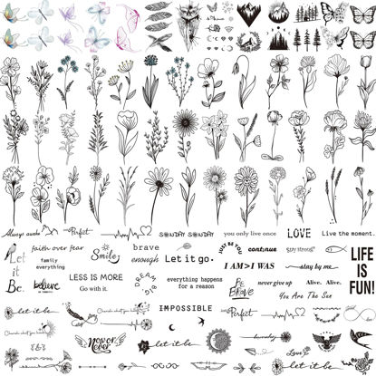 Picture of 100 Sheets Realistic Temporary Tattoos, 240+ Pcs Tiny Fake Tattoos, 40 Sheets Inspirational Words Tattoos, 60 Sheets Butterflies Feathers Flower Temporary Tattoos Stickers (Bigger Size: 2.4"x4.1")