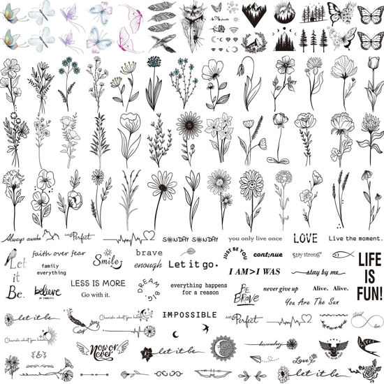 Picture of 100 Sheets Realistic Temporary Tattoos, 240+ Pcs Tiny Fake Tattoos, 40 Sheets Inspirational Words Tattoos, 60 Sheets Butterflies Feathers Flower Temporary Tattoos Stickers (Bigger Size: 2.4"x4.1")