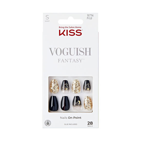 Picture of KISS Voguish Fantasy, Press-On Nails, Nail glue included, 'Hush Rush', Black, Short Size, Coffin Shape, Includes 28 Nails, 2g Glue, 1 Manicure Stick, 1 Mini file