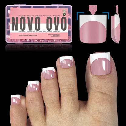Picture of NOVO OVO French Tip Toe Nail Tips Press on, Sharp Square Pre-Designed Soft Gel False Toenail Extension, BERRY PINK Pre-applied Tip Primer & Base Coat, Full Cover Acrylic for DIY x 15 Sizes 240 pcs