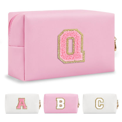 Picture of Personalized Initial A-Z Preppy Patch Makeup Bag,Small PU Leather Chenille Letter Cosmetic Bag with Zipper for Teen Girls,Pink Cute Travel Toiletry Bag,Birthday Monogrammed Gift for Daughter,Letter Q