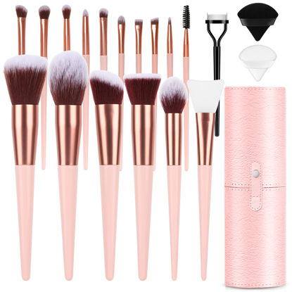 Picture of Makeup Brush Set, 17PCs Makeup Brushes with Foundation Eyebrow Blending Concealer Blush Eyeshadow Contour Lash Powder Brush, Make Up Brushes Kit with Organizer Travel Case (Medium, Pink)