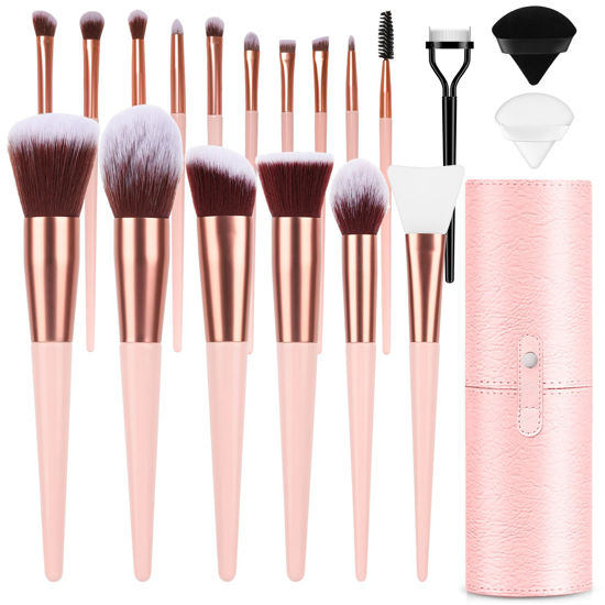 Picture of Makeup Brush Set, 17PCs Makeup Brushes with Foundation Eyebrow Blending Concealer Blush Eyeshadow Contour Lash Powder Brush, Make Up Brushes Kit with Organizer Travel Case (Medium, Pink)
