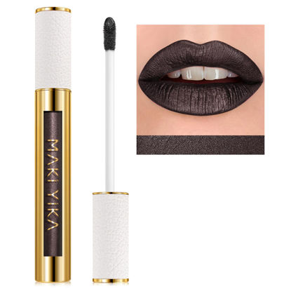 Picture of MAKI YIKA Metallic Lipstick for Women Black Lipsticks Long Lasting Glitter Lipstick No Smudge No Transfer Full-Coverage Liquid Lip Gloss (BR14 Midnight)