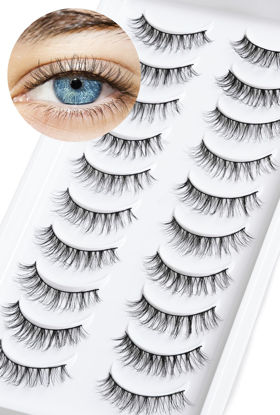 Picture of Natural Lashes Wispy False Eyelashes 10mm Short Lashes 3D Volume Strip Lashes Fake Eyelashes Siligli Lashes Thin Band Curly Eye Lashes Pack 10 pair