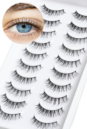 Picture of Natural Lashes Wispy False Eyelashes 10mm Short Lashes 3D Volume Strip Lashes Fake Eyelashes Siligli Lashes Thin Band Curly Eye Lashes Pack 10 pair